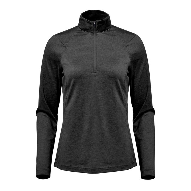A black women's Milano 1/4 zip pullover with long sleeves and a high collar. It has a logo on the front.