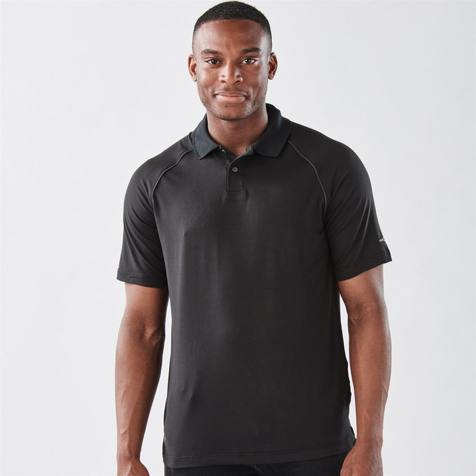 A black Men's Piranha Performance Polo shirt with a classic collar and short sleeves, featuring a logo.