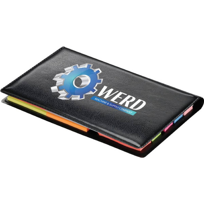 A black slimline memo holder with a logo and multiple colourful sticky notes along one edge.