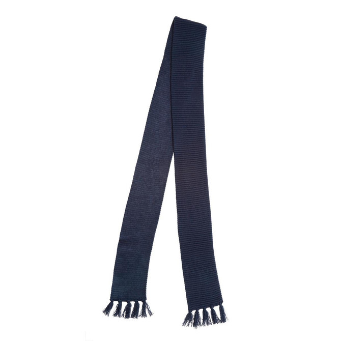 A navy knitted scarf with fringed ends and a textured design, featuring a brand logo.