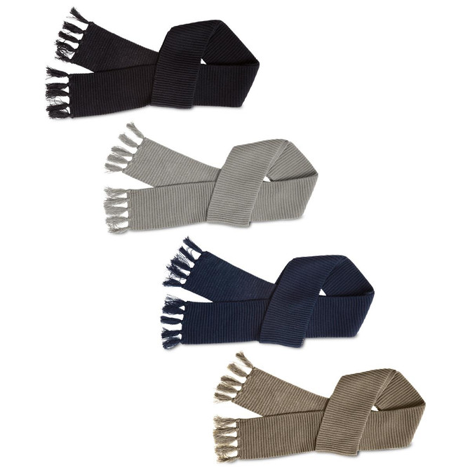 A Ruga Knit Scarf in four colours: black, grey, navy, and olive, featuring fringed edges and a textured design.