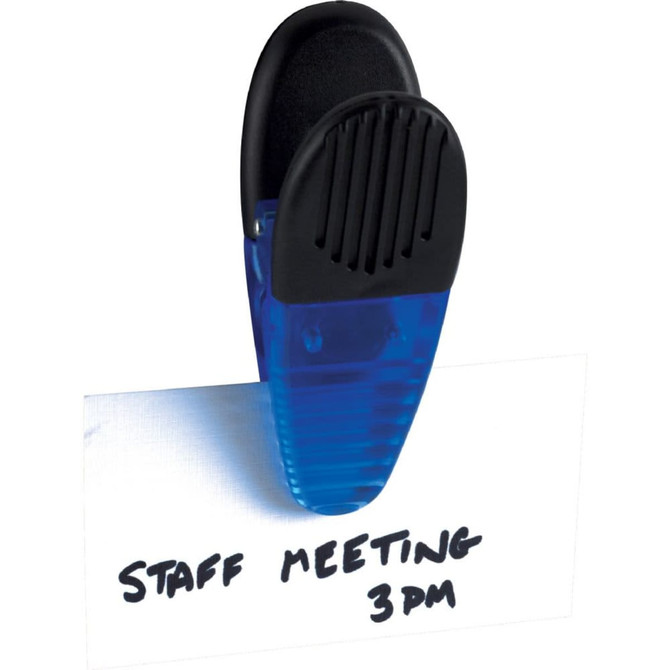 A blue magnetic memo holder clip is grasping a white note with handwritten text on it.