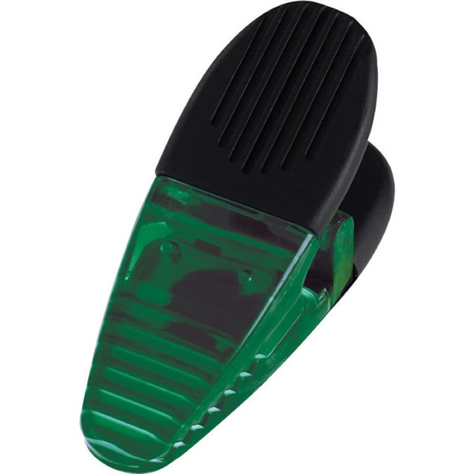 A green and black magnetic memo holder clip designed for office use, featuring a sleek, modern design.
