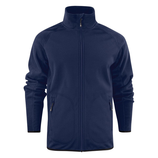 A navy blue men's softshell fleece hybrid jacket with a high collar and zippered front, featuring side pockets and branding.