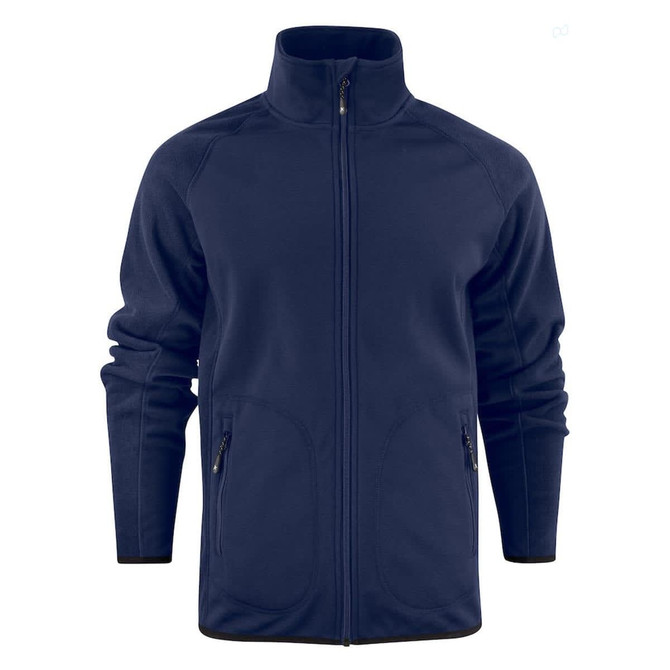 A navy blue softshell fleece hybrid jacket featuring a high collar and zippered pockets, with a brand logo.