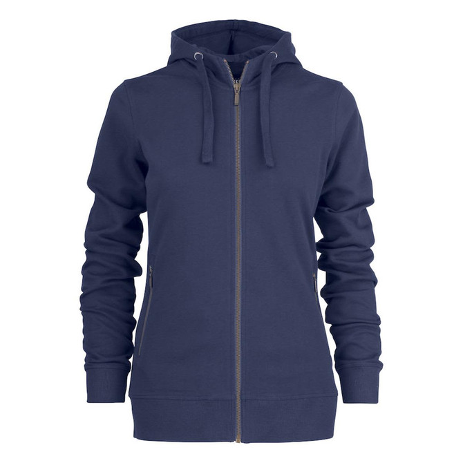 A navy women's hoody featuring a zip front, kangaroo pockets, and a hood. It has a logo on it.