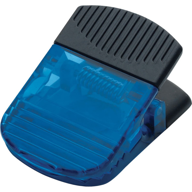 A blue jumbo magnetic memo holder with a black top, featuring a strong clip mechanism for securing notes.