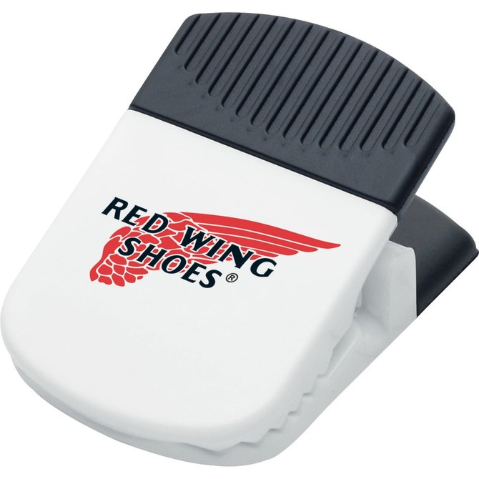 A white and black jumbo magnetic memo holder/clip with a logo on the front.