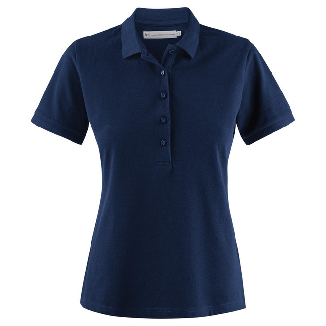 A navy women's cotton polo shirt featuring a collar and button placket, with a logo on the chest.