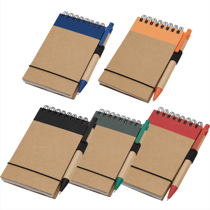 A set of recycled notepads in brown, featuring coloured bands and matching pens, displayed in various colours.