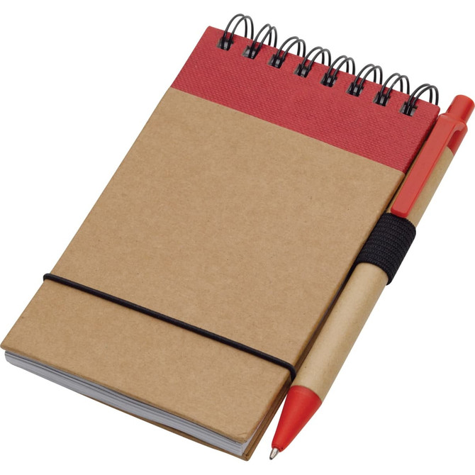 A brown notepad with a red top, spiral binding, and a red pen attached with a black band.