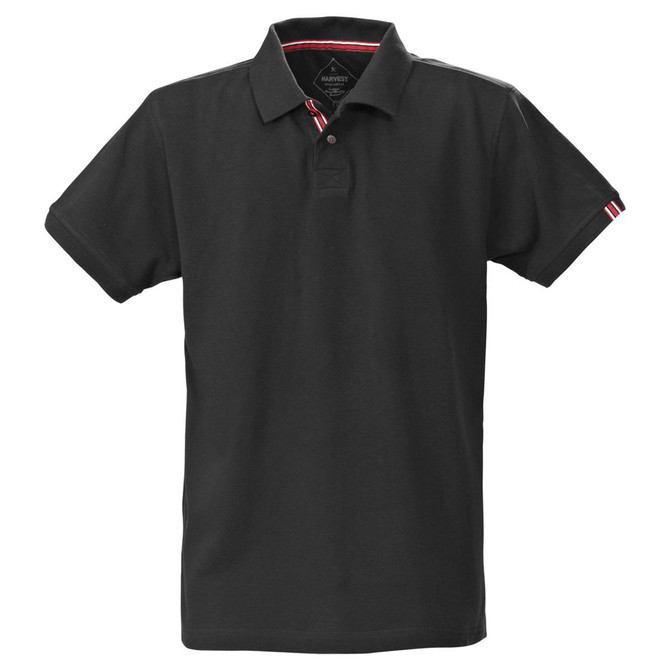 A black men's polo shirt with a collar and short sleeves, featuring a logo and striped details on the sleeves.