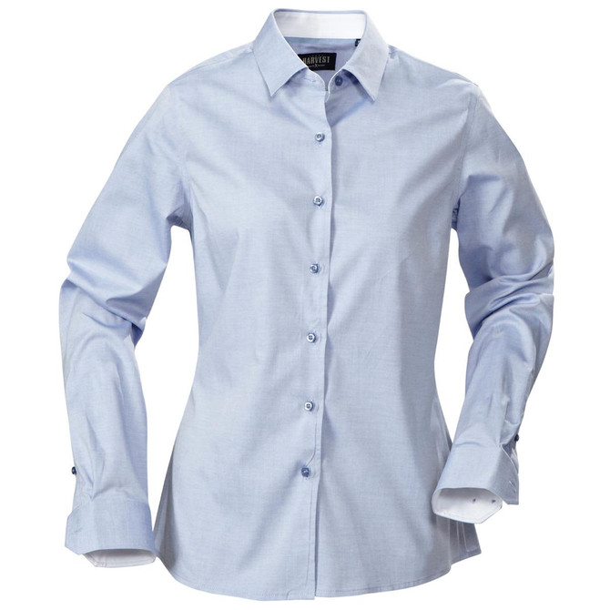 A light blue button-up women's blouse with a collar and button details, featuring long sleeves and a logo.