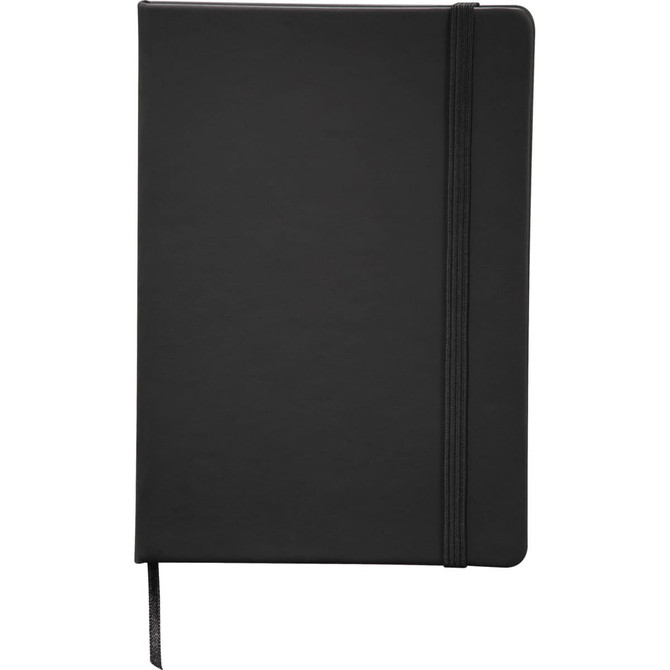 A black 5 x 7 snap elastic closure notebook featuring a matching elastic band. It includes a ribbon bookmark.