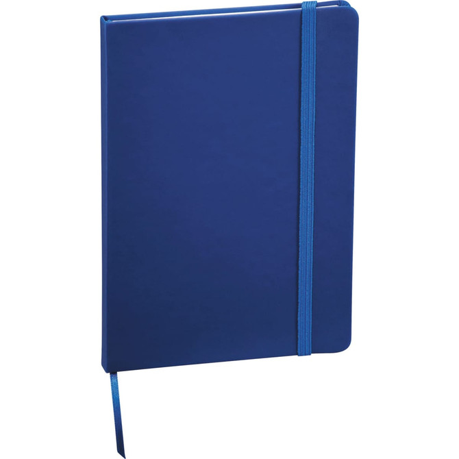 A blue 5 x 7 snap elastic closure notebook with a bookmarks ribbon and a logo on the cover.