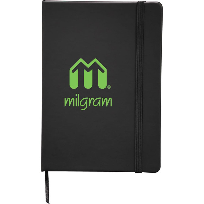 A black 5 X 7 snap elastic closure notebook with a green logo on the front cover.