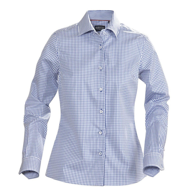 A button-up women's shirt in blue and white checkered pattern, featuring long sleeves and a collar. It has a logo.