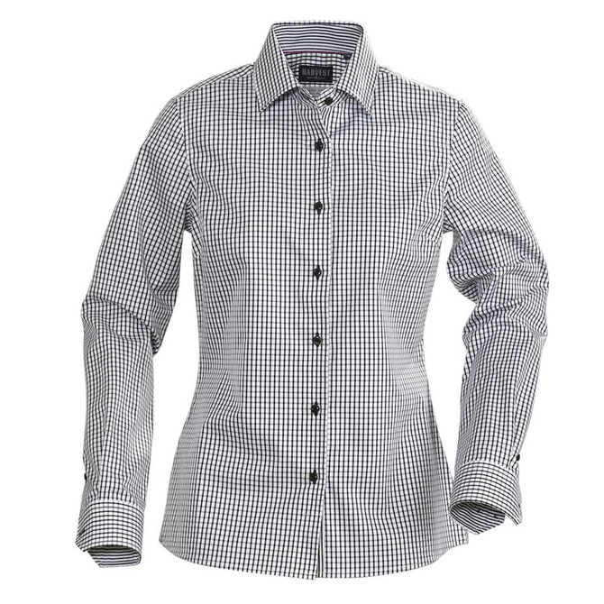 A black and white checkered button-up shirt for women, featuring a classic collar and long sleeves. The shirt has branding.