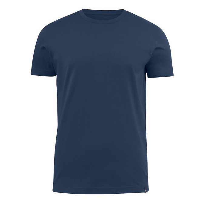 A dark blue men's crew neck T-shirt with a simple design and a branding logo on the side.