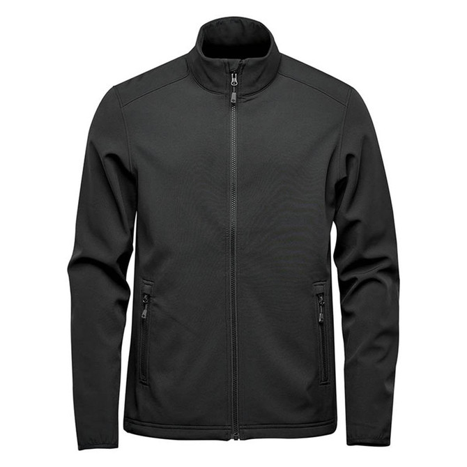 A black softshell jacket with a high collar and zippered pockets, featuring a logo on the chest.