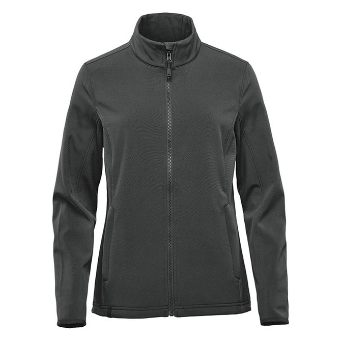 A dark green women's soft shell jacket with a full front zip and a high collar. It features a logo on the chest.