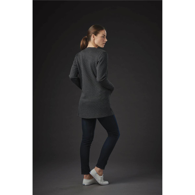 A women's Chelsea open cardigan in dark grey, featuring a textured design, paired with slim jeans and casual footwear.