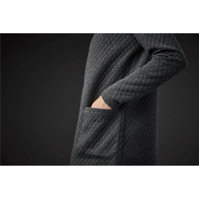 A dark green women's Chelsea open cardigan featuring a textured pattern and a side pocket.