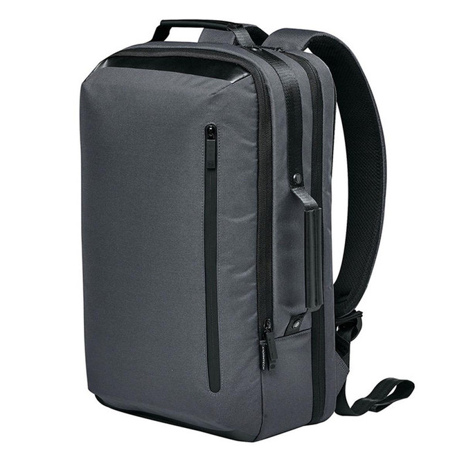 A sleek grey backpack with padded straps and multiple compartments, featuring a logo on the side.