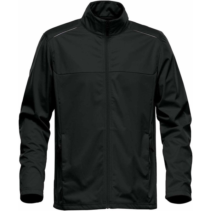 A men's lightweight softshell jacket in dark green with a high collar and two side pockets, featuring a logo.