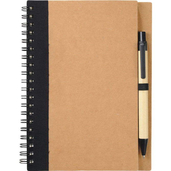 A brown spiral notebook with a black cover and a black pen attached on the side.