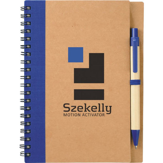 A brown spiral notebook with a blue spine and a matching blue pen, featuring a logo on the cover.