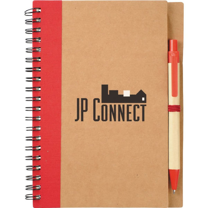 A brown spiral notebook with a red spine and a matching pen; features a logo on the cover.