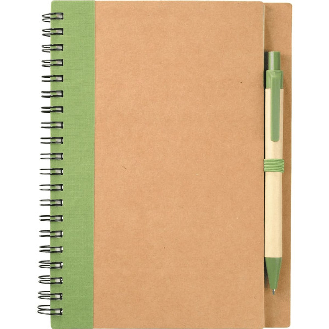 A spiral notebook with a brown cover and green accent, accompanied by a green pen. Features a logo on the front.