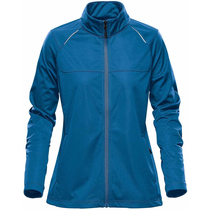 A women's softshell jacket in a deep blue colour, featuring a full zip and a collar. It has a logo on the front.