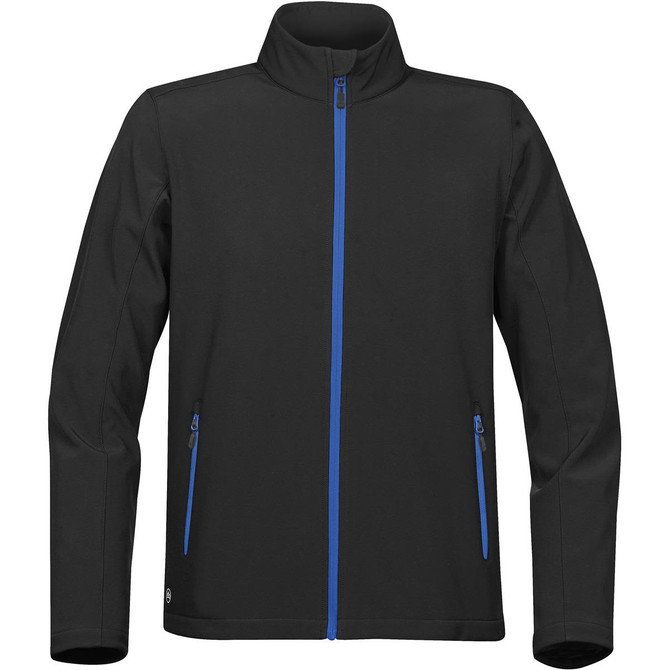 A black softshell jacket featuring blue zip details and side pockets. It has a high collar and a logo.