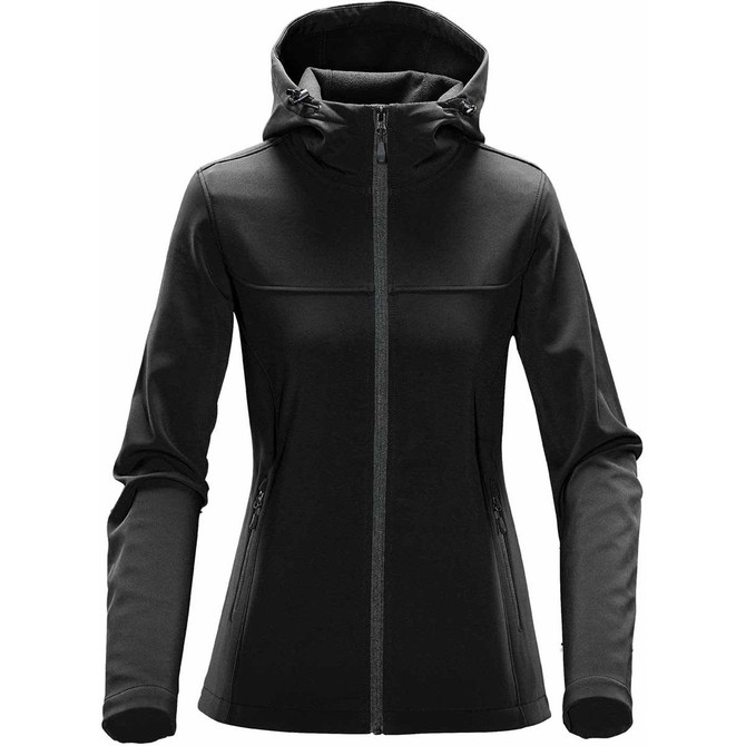 A black women's softshell hoody featuring a hood, zippered front, and two side pockets. Includes branding.