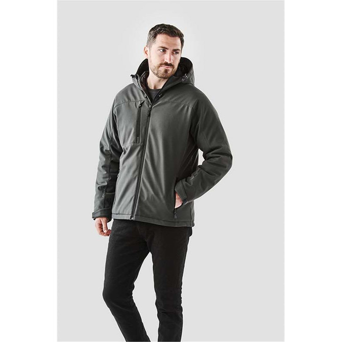 Men's insulated softshell jacket in dark grey, featuring a zippered pocket and a hood. Includes a logo.