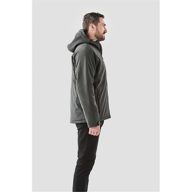 Men's insulated softshell jacket in dark grey, featuring a hood and a side profile view. Includes branding.