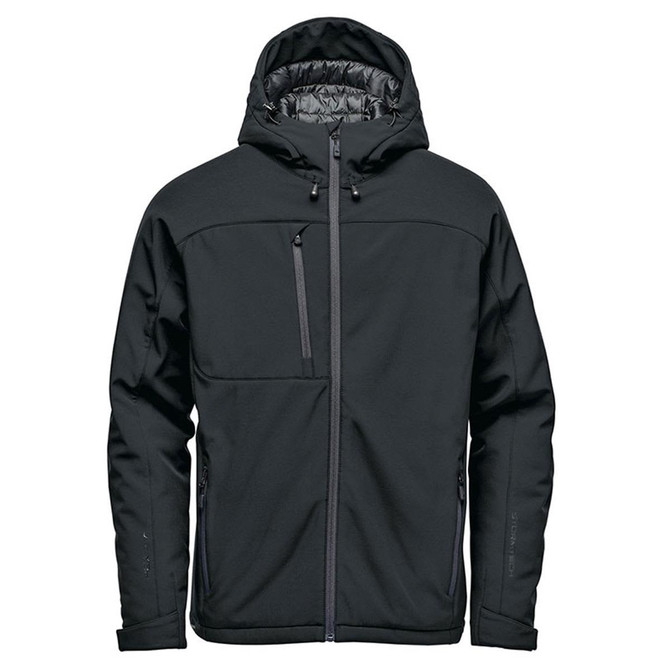 A black insulated softshell jacket with a hood and multiple pockets, featuring a logo on the chest.