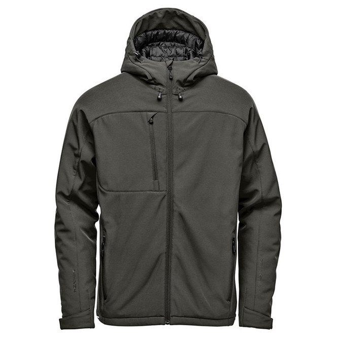 A green insulated softshell jacket with a hood, featuring a zippered front and a chest pocket. It has a logo on it.