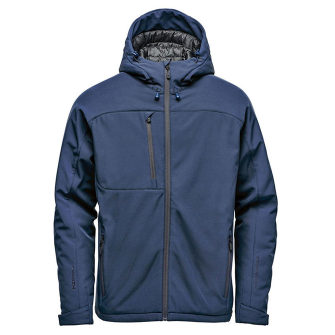 Men's insulated softshell jacket in navy blue with a hood and zipped pockets, featuring a logo.