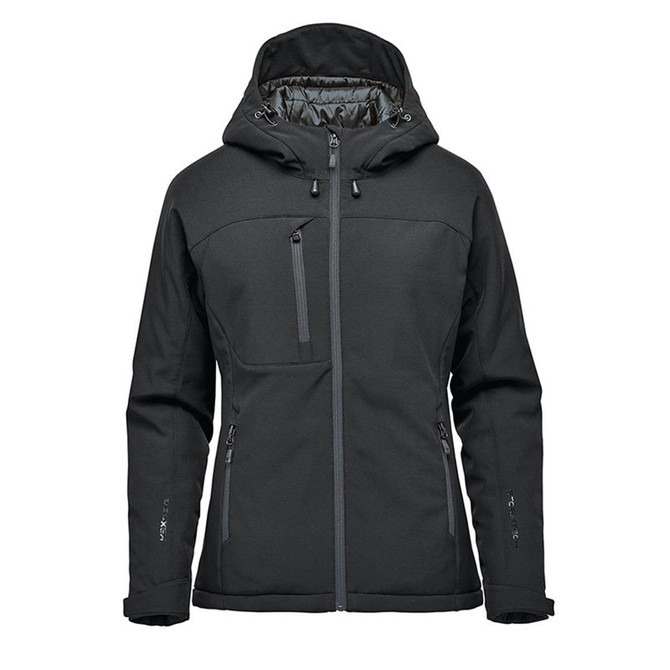 A black insulated softshell jacket with a hood and multiple zippers, featuring a logo on the sleeve.