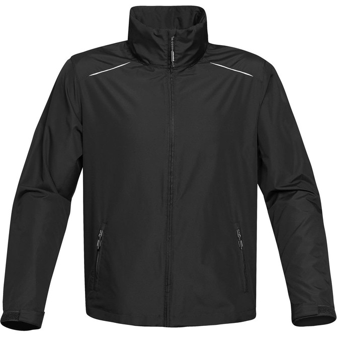 A black rain jacket featuring a high collar, zippered pockets, and reflective detailing. It has a logo on it.