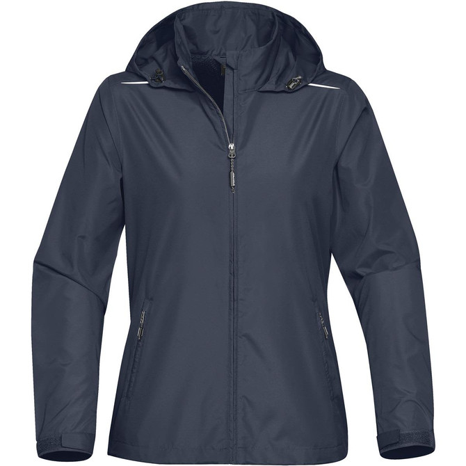 A women's rain jacket in navy blue featuring a hood and zippered pockets, with a logo on the chest.