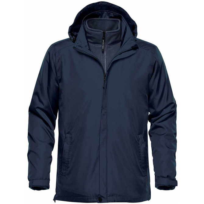 A navy men's jacket featuring a hood, zippered front, and pockets, with a logo. It's versatile for various weather conditions.
