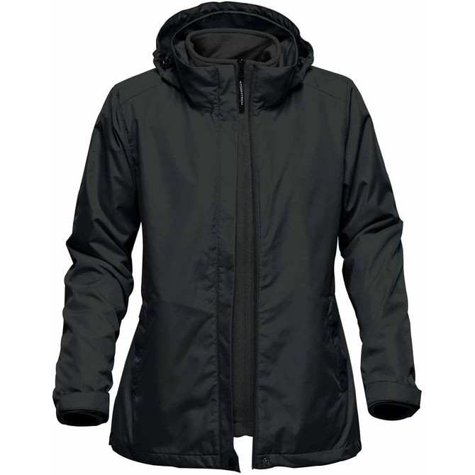 A women's black 3 in 1 jacket with a hood, featuring a zip closure and a logo on the sleeve.