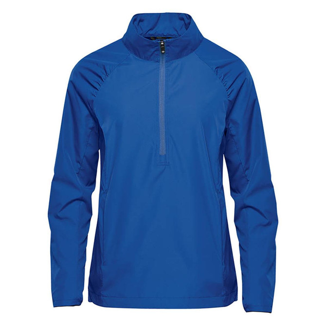 A blue women's 1/4 zip anorak jacket with a logo, featuring long sleeves and a lightweight design.