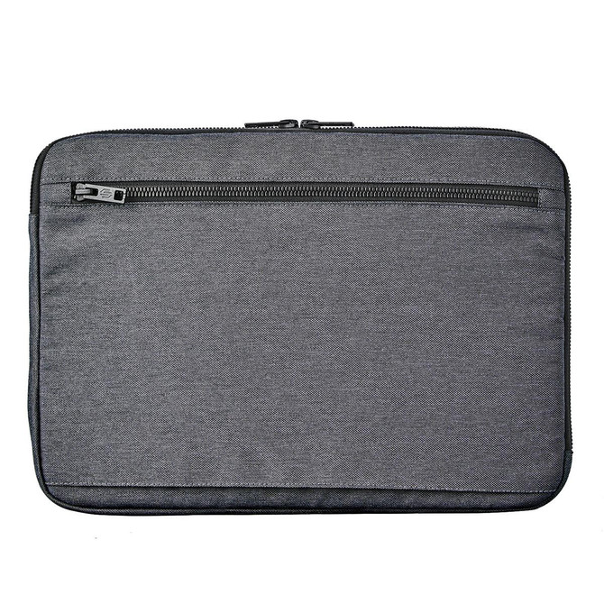 A grey laptop sleeve with a zippered compartment, designed for a 16-inch laptop. It features a textured fabric and branding.