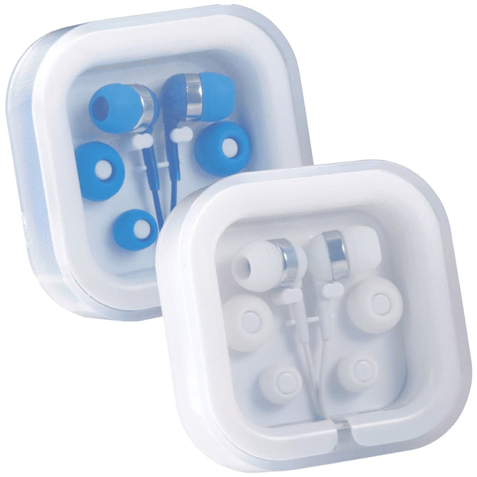 Colour Pop Earbuds displayed in a clear case, featuring vibrant blue and white colours. The packaging includes additional ear tips.