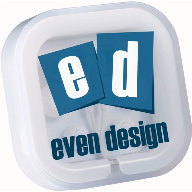 A compact case with white earbuds inside. The case features a logo and is primarily white with blue accents.